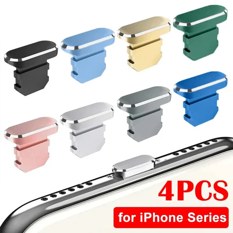 4PCS Aluminum Alloy Anti Dust Plug for iPhone 14 13 12 Pro Max 11 Mini XR 8 Plus iPad AirPods Apple Series Lightning Port Cover